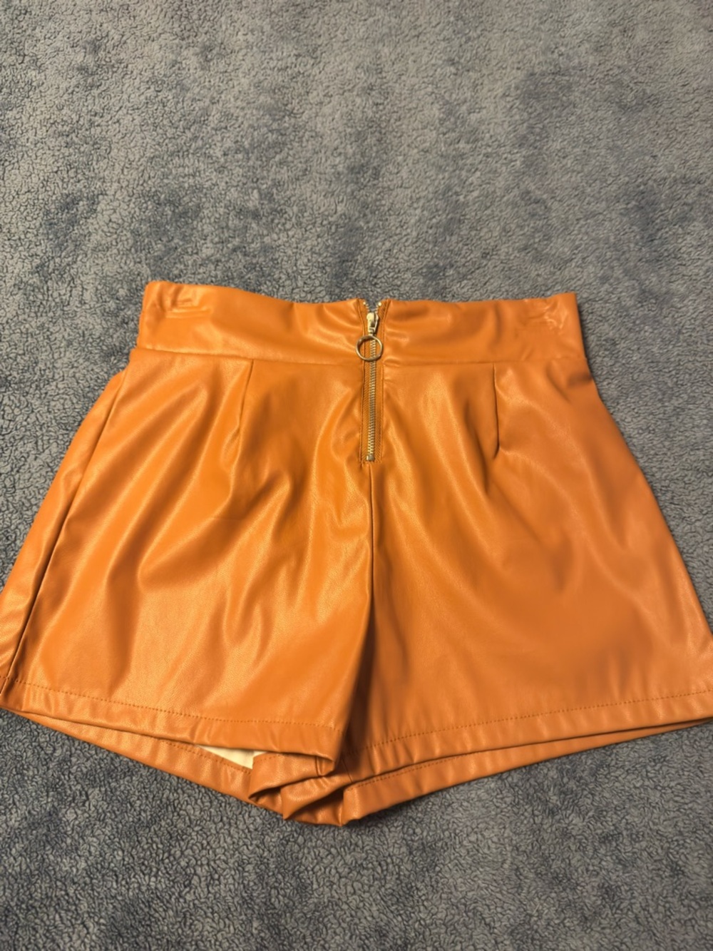 High-Waist Faux Leather Orange Shorts with Front Zip